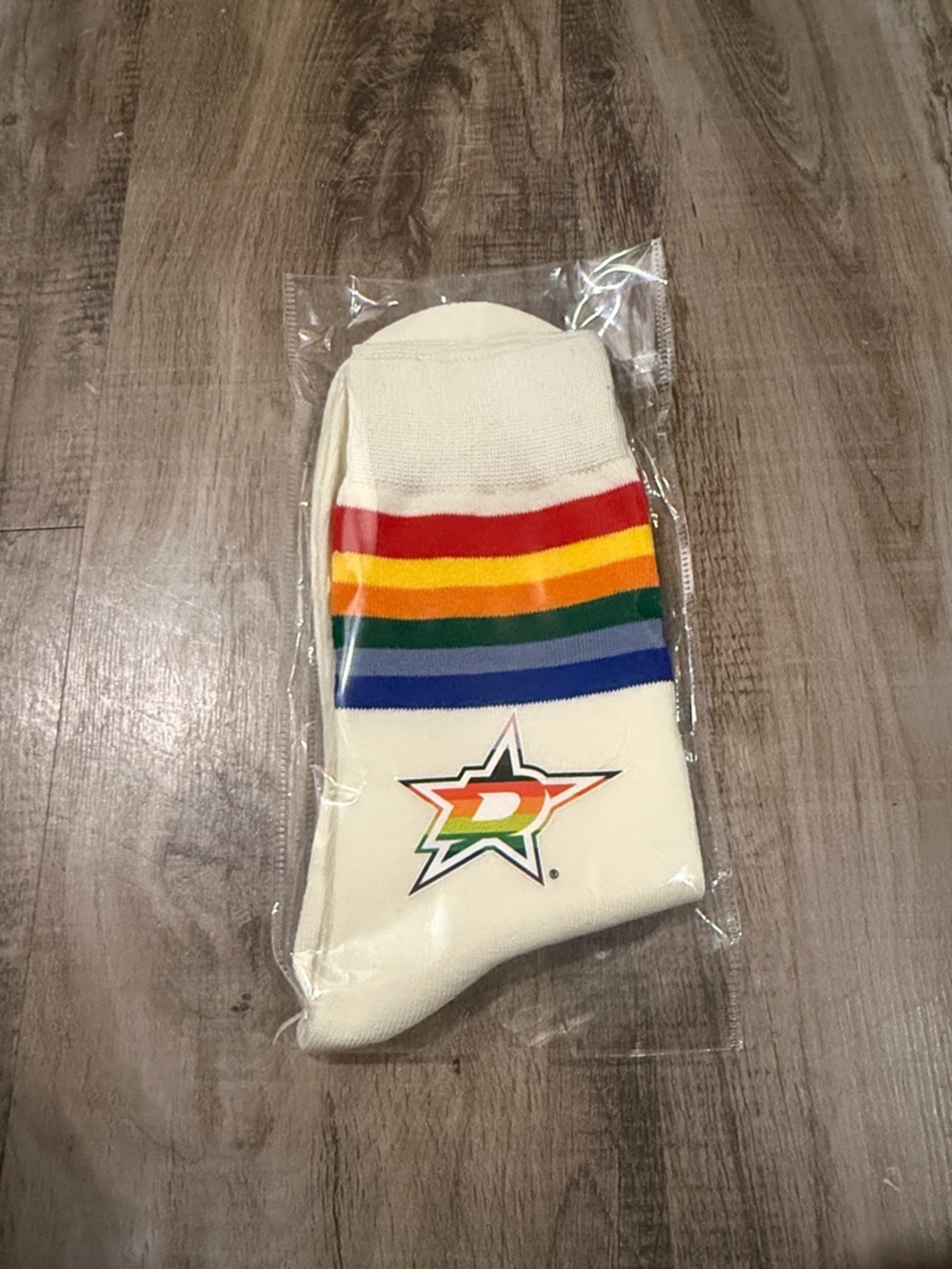 Dallas Stars Pride NighWhite Men's Crew Socks with Rainbow Stripes and Star Logo
